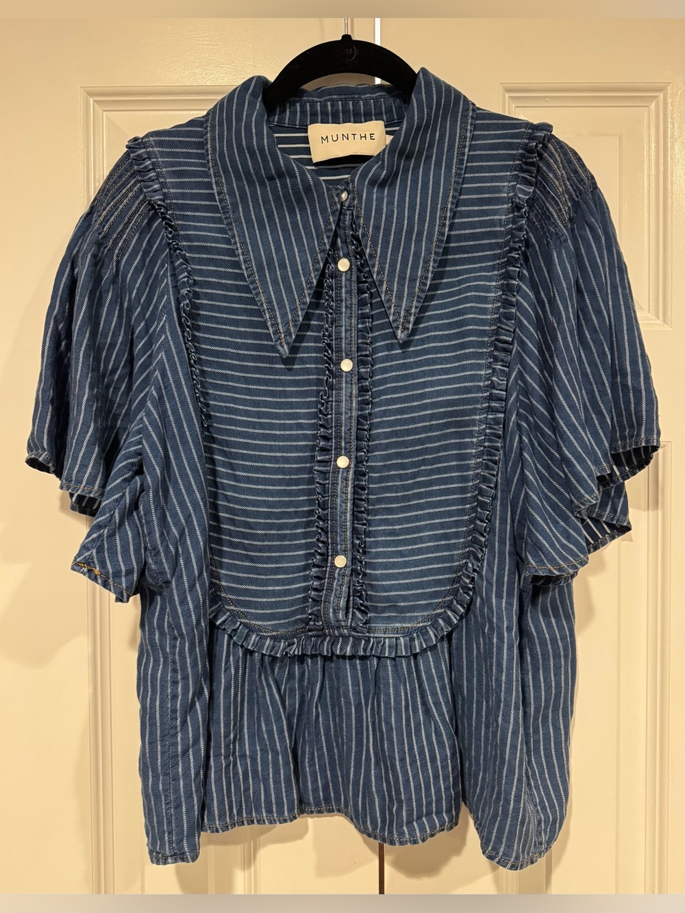 Blue Striped Ruffled Button-Front Blouse - Picture 2 of 6